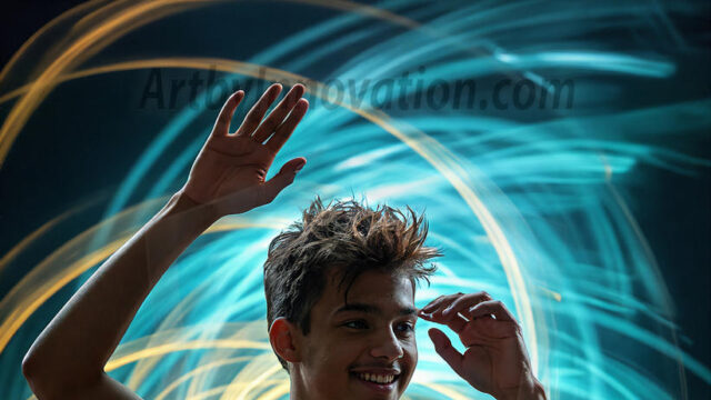 Abstract Male Art, AI photos of handsome shirtless men dancing with Light Rays, colorful art in motion. Guys dancing with radiant light rays that wrap around his body in flowing patterns, emphasizing his movements and adding a sense of ethereal fluidity. The designs appear weightless and almost sculptural, creates a striking contrast against the backgrounds making him the center of a cosmic dance, with energy and elegance. AI-generated abstract art HD photos featuring handsome, sexy, shirtless, men, boys, lads, dancing with colorful light rays, dynamic, interactive. Combining elements of realism with surreal abstract qualities, showcasing the potential of AI in artistic expression.