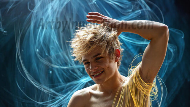 Abstract Male Art, AI photos of handsome shirtless men dancing with Light Rays, colorful art in motion. Guys dancing with radiant light rays that wrap around his body in flowing patterns, emphasizing his movements and adding a sense of ethereal fluidity. The designs appear weightless and almost sculptural, creates a striking contrast against the backgrounds making him the center of a cosmic dance, with energy and elegance. AI-generated abstract art HD photos featuring handsome, sexy, shirtless, men, boys, lads, dancing with colorful light rays, dynamic, interactive. Combining elements of realism with surreal abstract qualities, showcasing the potential of AI in artistic expression.