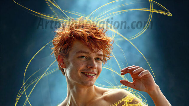Abstract Male Art, AI photos of handsome shirtless men dancing with Light Rays, colorful art in motion. Guys dancing with radiant light rays that wrap around his body in flowing patterns, emphasizing his movements and adding a sense of ethereal fluidity. The designs appear weightless and almost sculptural, creates a striking contrast against the backgrounds making him the center of a cosmic dance, with energy and elegance. AI-generated abstract art HD photos featuring handsome, sexy, shirtless, men, boys, lads, dancing with colorful light rays, dynamic, interactive. Combining elements of realism with surreal abstract qualities, showcasing the potential of AI in artistic expression.