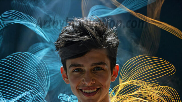 Abstract Male Art, AI photos of handsome shirtless men dancing with Light Rays, colorful art in motion. Guys dancing with radiant light rays that wrap around his body in flowing patterns, emphasizing his movements and adding a sense of ethereal fluidity. The designs appear weightless and almost sculptural, creates a striking contrast against the backgrounds making him the center of a cosmic dance, with energy and elegance. AI-generated abstract art HD photos featuring handsome, sexy, shirtless, men, boys, lads, dancing with colorful light rays, dynamic, interactive. Combining elements of realism with surreal abstract qualities, showcasing the potential of AI in artistic expression.