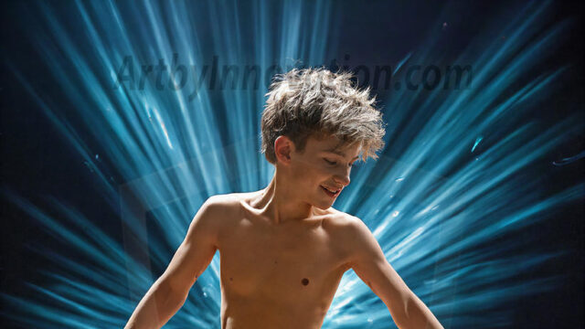 Abstract Male Art, AI photos of handsome shirtless men dancing with Light Rays, colorful art in motion. Guys dancing with radiant light rays that wrap around his body in flowing patterns, emphasizing his movements and adding a sense of ethereal fluidity. The designs appear weightless and almost sculptural, creates a striking contrast against the backgrounds making him the center of a cosmic dance, with energy and elegance. AI-generated abstract art HD photos featuring handsome, sexy, shirtless, men, boys, lads, dancing with colorful light rays, dynamic, interactive. Combining elements of realism with surreal abstract qualities, showcasing the potential of AI in artistic expression.