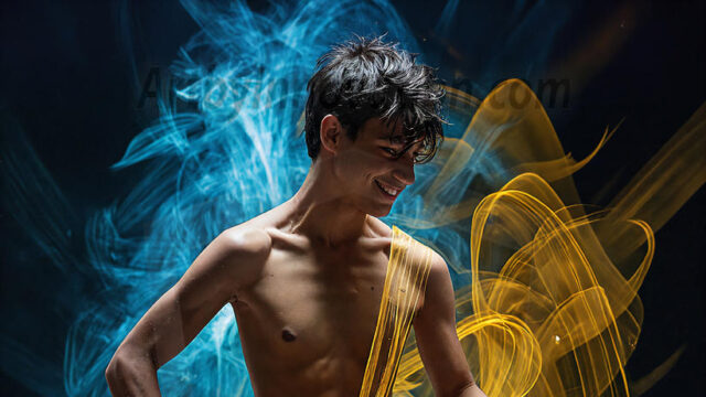 Abstract Male Art, AI photos of handsome shirtless men dancing with Light Rays, colorful art in motion. Guys dancing with radiant light rays that wrap around his body in flowing patterns, emphasizing his movements and adding a sense of ethereal fluidity. The designs appear weightless and almost sculptural, creates a striking contrast against the backgrounds making him the center of a cosmic dance, with energy and elegance. AI-generated abstract art HD photos featuring handsome, sexy, shirtless, men, boys, lads, dancing with colorful light rays, dynamic, interactive. Combining elements of realism with surreal abstract qualities, showcasing the potential of AI in artistic expression.