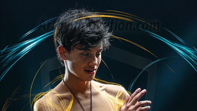 Abstract Male Art, AI photos of handsome shirtless men dancing with Light Rays, colorful art in motion. Guys dancing with radiant light rays that wrap around his body in flowing patterns, emphasizing his movements and adding a sense of ethereal fluidity. The designs appear weightless and almost sculptural, creates a striking contrast against the backgrounds making him the center of a cosmic dance, with energy and elegance. AI-generated abstract art HD photos featuring handsome, sexy, shirtless, men, boys, lads, dancing with colorful light rays, dynamic, interactive. Combining elements of realism with surreal abstract qualities, showcasing the potential of AI in artistic expression.