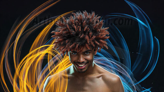 Abstract Male Art, AI photos of handsome shirtless men dancing with Light Rays, colorful art in motion. Guys dancing with radiant light rays that wrap around his body in flowing patterns, emphasizing his movements and adding a sense of ethereal fluidity. The designs appear weightless and almost sculptural, creates a striking contrast against the backgrounds making him the center of a cosmic dance, with energy and elegance. AI-generated abstract art HD photos featuring handsome, sexy, shirtless, men, boys, lads, dancing with colorful light rays, dynamic, interactive. Combining elements of realism with surreal abstract qualities, showcasing the potential of AI in artistic expression.