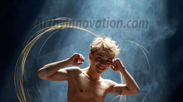 Abstract Male Art, AI photos of handsome shirtless men dancing with Light Rays, colorful art in motion. Guys dancing with radiant light rays that wrap around his body in flowing patterns, emphasizing his movements and adding a sense of ethereal fluidity. The designs appear weightless and almost sculptural, creates a striking contrast against the backgrounds making him the center of a cosmic dance, with energy and elegance. AI-generated abstract art HD photos featuring handsome, sexy, shirtless, men, boys, lads, dancing with colorful light rays, dynamic, interactive. Combining elements of realism with surreal abstract qualities, showcasing the potential of AI in artistic expression.