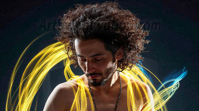 Abstract Male Art, AI photos of handsome shirtless men dancing with Light Rays, colorful art in motion. Guys dancing with radiant light rays that wrap around his body in flowing patterns, emphasizing his movements and adding a sense of ethereal fluidity. The designs appear weightless and almost sculptural, creates a striking contrast against the backgrounds making him the center of a cosmic dance, with energy and elegance. AI-generated abstract art HD photos featuring handsome, sexy, shirtless, men, boys, lads, dancing with colorful light rays, dynamic, interactive. Combining elements of realism with surreal abstract qualities, showcasing the potential of AI in artistic expression.