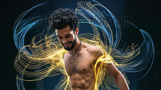 Abstract Male Art, AI photos of handsome shirtless men dancing with Light Rays, colorful art in motion. Guys dancing with radiant light rays that wrap around his body in flowing patterns, emphasizing his movements and adding a sense of ethereal fluidity. The designs appear weightless and almost sculptural, creates a striking contrast against the backgrounds making him the center of a cosmic dance, with energy and elegance. AI-generated abstract art HD photos featuring handsome, sexy, shirtless, men, boys, lads, dancing with colorful light rays, dynamic, interactive. Combining elements of realism with surreal abstract qualities, showcasing the potential of AI in artistic expression.