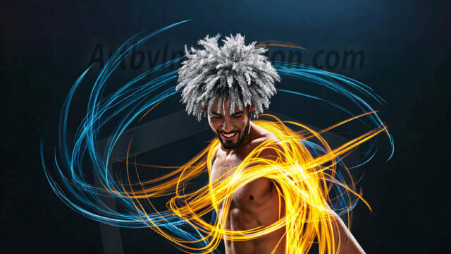 Abstract Male Art, AI photos of handsome shirtless men dancing with Light Rays, colorful art in motion. Guys dancing with radiant light rays that wrap around his body in flowing patterns, emphasizing his movements and adding a sense of ethereal fluidity. The designs appear weightless and almost sculptural, creates a striking contrast against the backgrounds making him the center of a cosmic dance, with energy and elegance. AI-generated abstract art HD photos featuring handsome, sexy, shirtless, men, boys, lads, dancing with colorful light rays, dynamic, interactive. Combining elements of realism with surreal abstract qualities, showcasing the potential of AI in artistic expression.