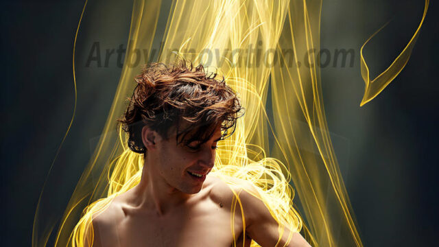 Abstract Male Art, AI photos of handsome shirtless men dancing with Light Rays, colorful art in motion. Guys dancing with radiant light rays that wrap around his body in flowing patterns, emphasizing his movements and adding a sense of ethereal fluidity. The designs appear weightless and almost sculptural, creates a striking contrast against the backgrounds making him the center of a cosmic dance, with energy and elegance. AI-generated abstract art HD photos featuring handsome, sexy, shirtless, men, boys, lads, dancing with colorful light rays, dynamic, interactive. Combining elements of realism with surreal abstract qualities, showcasing the potential of AI in artistic expression.