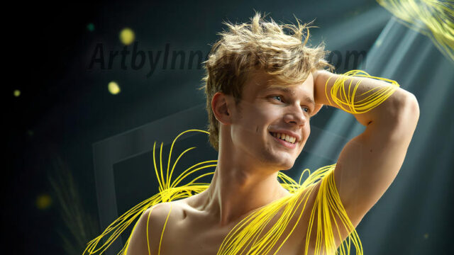 Abstract Male Art, AI photos of handsome shirtless men dancing with Light Rays, colorful art in motion. Guys dancing with radiant light rays that wrap around his body in flowing patterns, emphasizing his movements and adding a sense of ethereal fluidity. The designs appear weightless and almost sculptural, creates a striking contrast against the backgrounds making him the center of a cosmic dance, with energy and elegance. AI-generated abstract art HD photos featuring handsome, sexy, shirtless, men, boys, lads, dancing with colorful light rays, dynamic, interactive. Combining elements of realism with surreal abstract qualities, showcasing the potential of AI in artistic expression.