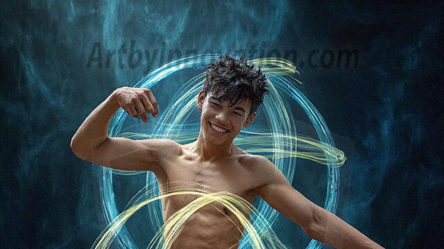 Abstract Male Art, AI photos of handsome shirtless men dancing with Light Rays, colorful art in motion. Guys dancing with radiant light rays that wrap around his body in flowing patterns, emphasizing his movements and adding a sense of ethereal fluidity. The designs appear weightless and almost sculptural, creates a striking contrast against the backgrounds making him the center of a cosmic dance, with energy and elegance. AI-generated abstract art HD photos featuring handsome, sexy, shirtless, men, boys, lads, dancing with colorful light rays, dynamic, interactive. Combining elements of realism with surreal abstract qualities, showcasing the potential of AI in artistic expression.