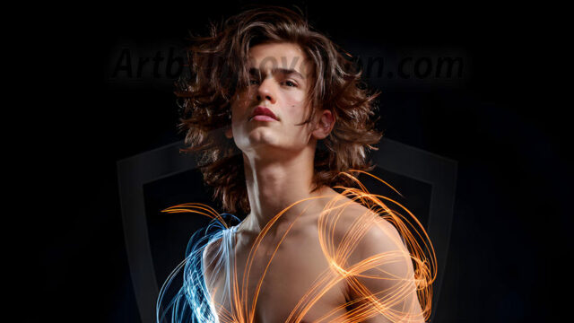 Abstract Male Art, AI photos of handsome shirtless men dancing with Light Rays, colorful art in motion. Guys dancing with radiant light rays that wrap around his body in flowing patterns, emphasizing his movements and adding a sense of ethereal fluidity. The designs appear weightless and almost sculptural, creates a striking contrast against the backgrounds making him the center of a cosmic dance, with energy and elegance. AI-generated abstract art HD photos featuring handsome, sexy, shirtless, men, boys, lads, dancing with colorful light rays, dynamic, interactive. Combining elements of realism with surreal abstract qualities, showcasing the potential of AI in artistic expression.