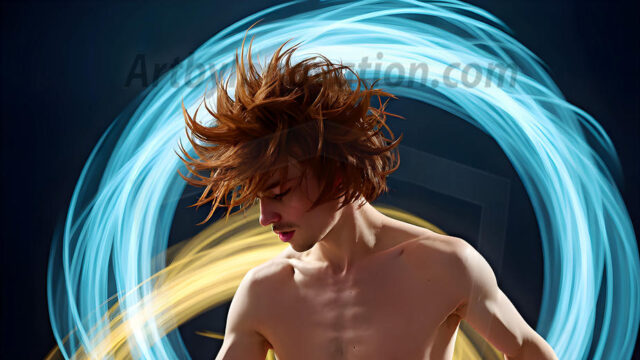 Abstract Male Art, AI photos of handsome shirtless men dancing with Light Rays, colorful art in motion. Guys dancing with radiant light rays that wrap around his body in flowing patterns, emphasizing his movements and adding a sense of ethereal fluidity. The designs appear weightless and almost sculptural, creates a striking contrast against the backgrounds making him the center of a cosmic dance, with energy and elegance. AI-generated abstract art HD photos featuring handsome, sexy, shirtless, men, boys, lads, dancing with colorful light rays, dynamic, interactive. Combining elements of realism with surreal abstract qualities, showcasing the potential of AI in artistic expression.