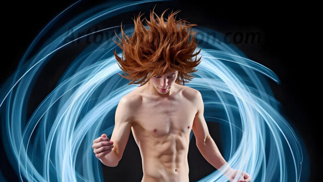 Abstract Male Art, AI photos of handsome shirtless men dancing with Light Rays, colorful art in motion. Guys dancing with radiant light rays that wrap around his body in flowing patterns, emphasizing his movements and adding a sense of ethereal fluidity. The designs appear weightless and almost sculptural, creates a striking contrast against the backgrounds making him the center of a cosmic dance, with energy and elegance. AI-generated abstract art HD photos featuring handsome, sexy, shirtless, men, boys, lads, dancing with colorful light rays, dynamic, interactive. Combining elements of realism with surreal abstract qualities, showcasing the potential of AI in artistic expression.