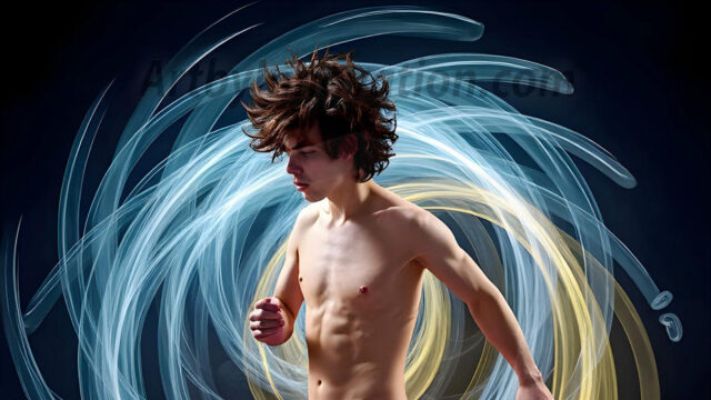 Abstract Male Art, AI photos of handsome shirtless men dancing with Light Rays, colorful art in motion. Guys dancing with radiant light rays that wrap around his body in flowing patterns, emphasizing his movements and adding a sense of ethereal fluidity. The designs appear weightless and almost sculptural, creates a striking contrast against the backgrounds making him the center of a cosmic dance, with energy and elegance. AI-generated abstract art HD photos featuring handsome, sexy, shirtless, men, boys, lads, dancing with colorful light rays, dynamic, interactive. Combining elements of realism with surreal abstract qualities, showcasing the potential of AI in artistic expression.