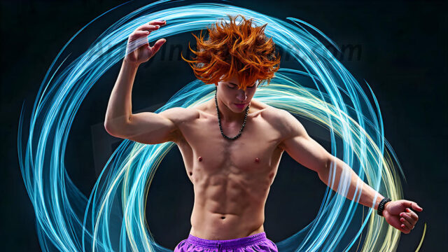 Abstract Male Art, AI photos of handsome shirtless men dancing with Light Rays, colorful art in motion. Guys dancing with radiant light rays that wrap around his body in flowing patterns, emphasizing his movements and adding a sense of ethereal fluidity. The designs appear weightless and almost sculptural, creates a striking contrast against the backgrounds making him the center of a cosmic dance, with energy and elegance. AI-generated abstract art HD photos featuring handsome, sexy, shirtless, men, boys, lads, dancing with colorful light rays, dynamic, interactive. Combining elements of realism with surreal abstract qualities, showcasing the potential of AI in artistic expression.