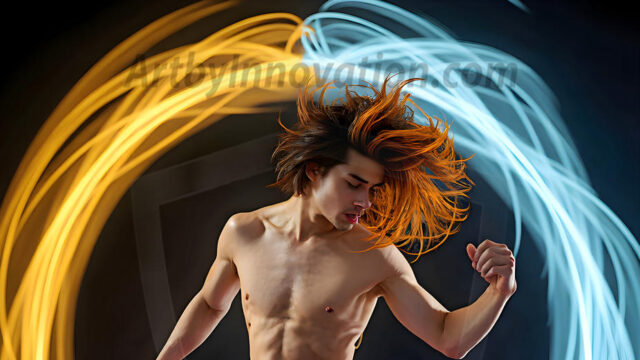 Abstract Male Art, AI photos of handsome shirtless men dancing with Light Rays, colorful art in motion. Guys dancing with radiant light rays that wrap around his body in flowing patterns, emphasizing his movements and adding a sense of ethereal fluidity. The designs appear weightless and almost sculptural, creates a striking contrast against the backgrounds making him the center of a cosmic dance, with energy and elegance. AI-generated abstract art HD photos featuring handsome, sexy, shirtless, men, boys, lads, dancing with colorful light rays, dynamic, interactive. Combining elements of realism with surreal abstract qualities, showcasing the potential of AI in artistic expression.
