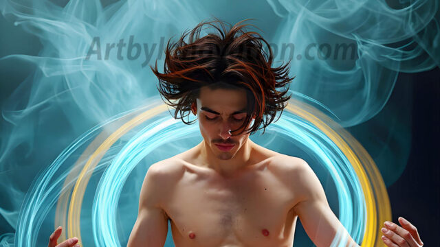 Abstract Male Art, AI photos of handsome shirtless men dancing with Light Rays, colorful art in motion. Guys dancing with radiant light rays that wrap around his body in flowing patterns, emphasizing his movements and adding a sense of ethereal fluidity. The designs appear weightless and almost sculptural, creates a striking contrast against the backgrounds making him the center of a cosmic dance, with energy and elegance. AI-generated abstract art HD photos featuring handsome, sexy, shirtless, men, boys, lads, dancing with colorful light rays, dynamic, interactive. Combining elements of realism with surreal abstract qualities, showcasing the potential of AI in artistic expression.
