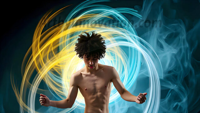 Abstract Male Art, AI photos of handsome shirtless men dancing with Light Rays, colorful art in motion. Guys dancing with radiant light rays that wrap around his body in flowing patterns, emphasizing his movements and adding a sense of ethereal fluidity. The designs appear weightless and almost sculptural, creates a striking contrast against the backgrounds making him the center of a cosmic dance, with energy and elegance. AI-generated abstract art HD photos featuring handsome, sexy, shirtless, men, boys, lads, dancing with colorful light rays, dynamic, interactive. Combining elements of realism with surreal abstract qualities, showcasing the potential of AI in artistic expression.