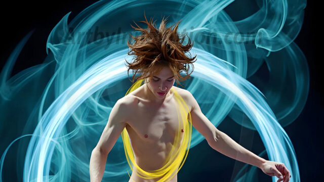 Abstract Male Art, AI photos of handsome shirtless men dancing with Light Rays, colorful art in motion. Guys dancing with radiant light rays that wrap around his body in flowing patterns, emphasizing his movements and adding a sense of ethereal fluidity. The designs appear weightless and almost sculptural, creates a striking contrast against the backgrounds making him the center of a cosmic dance, with energy and elegance. AI-generated abstract art HD photos featuring handsome, sexy, shirtless, men, boys, lads, dancing with colorful light rays, dynamic, interactive. Combining elements of realism with surreal abstract qualities, showcasing the potential of AI in artistic expression.