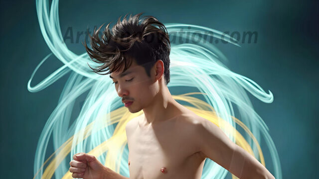Abstract Male Art, AI photos of handsome shirtless men dancing with Light Rays, colorful art in motion. Guys dancing with radiant light rays that wrap around his body in flowing patterns, emphasizing his movements and adding a sense of ethereal fluidity. The designs appear weightless and almost sculptural, creates a striking contrast against the backgrounds making him the center of a cosmic dance, with energy and elegance. AI-generated abstract art HD photos featuring handsome, sexy, shirtless, men, boys, lads, dancing with colorful light rays, dynamic, interactive. Combining elements of realism with surreal abstract qualities, showcasing the potential of AI in artistic expression.