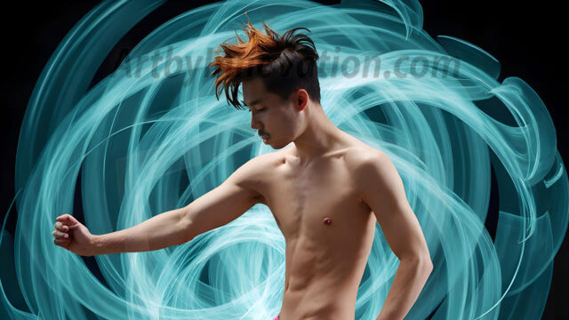 Abstract Male Art, AI photos of handsome shirtless men dancing with Light Rays, colorful art in motion. Guys dancing with radiant light rays that wrap around his body in flowing patterns, emphasizing his movements and adding a sense of ethereal fluidity. The designs appear weightless and almost sculptural, creates a striking contrast against the backgrounds making him the center of a cosmic dance, with energy and elegance. AI-generated abstract art HD photos featuring handsome, sexy, shirtless, men, boys, lads, dancing with colorful light rays, dynamic, interactive. Combining elements of realism with surreal abstract qualities, showcasing the potential of AI in artistic expression.