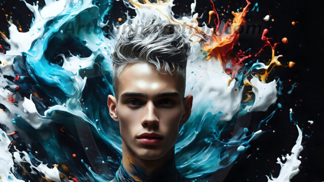 AI-generated abstract art images, featuring sexy, handsome, shirtless men, boys, lads, controlling colorful liquid water. A full-body photograph of a handsome young man with a strong muscular physique, and beautiful eyes. He starts to create a powerful and dynamic swirling vortex of rainbow colored liquid water. The vibrant and colorful water erupts and cascades forward. The fluid is dynamic, multiplying rapidly, and begins to dance in the air. The man, with a playful smile, interacts with the swirling fluids, his hands reaching out to manipulate the circular motion. The scene has a surreal, otherworldly feel, with a dreamlike atmosphere created by volumetric lighting, dramatic shadows, and an impossible color palette.