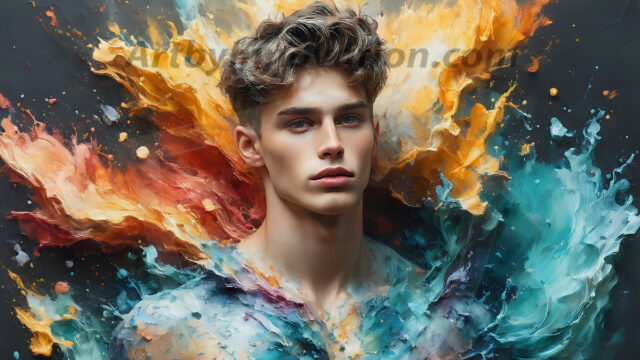 AI-generated abstract art images, featuring sexy, handsome, shirtless men, boys, lads, controlling colorful liquid water. A full-body photograph of a handsome young man with a strong muscular physique, and beautiful eyes. He starts to create a powerful and dynamic swirling vortex of rainbow colored liquid water. The vibrant and colorful water erupts and cascades forward. The fluid is dynamic, multiplying rapidly, and begins to dance in the air. The man, with a playful smile, interacts with the swirling fluids, his hands reaching out to manipulate the circular motion. The scene has a surreal, otherworldly feel, with a dreamlike atmosphere created by volumetric lighting, dramatic shadows, and an impossible color palette.