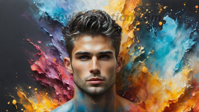 AI-generated abstract art images, featuring sexy, handsome, shirtless men, boys, lads, controlling colorful liquid water. A full-body photograph of a handsome young man with a strong muscular physique, and beautiful eyes. He starts to create a powerful and dynamic swirling vortex of rainbow colored liquid water. The vibrant and colorful water erupts and cascades forward. The fluid is dynamic, multiplying rapidly, and begins to dance in the air. The man, with a playful smile, interacts with the swirling fluids, his hands reaching out to manipulate the circular motion. The scene has a surreal, otherworldly feel, with a dreamlike atmosphere created by volumetric lighting, dramatic shadows, and an impossible color palette.