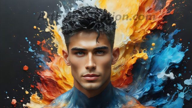 AI-generated abstract art images, featuring sexy, handsome, shirtless men, boys, lads, controlling colorful liquid water. A full-body photograph of a handsome young man with a strong muscular physique, and beautiful eyes. He starts to create a powerful and dynamic swirling vortex of rainbow colored liquid water. The vibrant and colorful water erupts and cascades forward. The fluid is dynamic, multiplying rapidly, and begins to dance in the air. The man, with a playful smile, interacts with the swirling fluids, his hands reaching out to manipulate the circular motion. The scene has a surreal, otherworldly feel, with a dreamlike atmosphere created by volumetric lighting, dramatic shadows, and an impossible color palette.