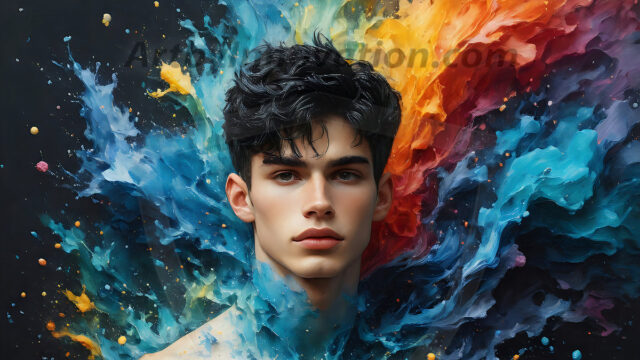 AI-generated abstract art images, featuring sexy, handsome, shirtless men, boys, lads, controlling colorful liquid water. A full-body photograph of a handsome young man with a strong muscular physique, and beautiful eyes. He starts to create a powerful and dynamic swirling vortex of rainbow colored liquid water. The vibrant and colorful water erupts and cascades forward. The fluid is dynamic, multiplying rapidly, and begins to dance in the air. The man, with a playful smile, interacts with the swirling fluids, his hands reaching out to manipulate the circular motion. The scene has a surreal, otherworldly feel, with a dreamlike atmosphere created by volumetric lighting, dramatic shadows, and an impossible color palette.