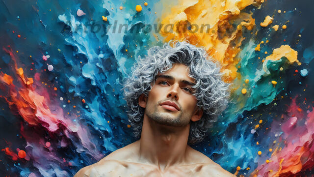 AI-generated abstract art images, featuring sexy, handsome, shirtless men, boys, lads, controlling colorful liquid water. A full-body photograph of a handsome young man with a strong muscular physique, and beautiful eyes. He starts to create a powerful and dynamic swirling vortex of rainbow colored liquid water. The vibrant and colorful water erupts and cascades forward. The fluid is dynamic, multiplying rapidly, and begins to dance in the air. The man, with a playful smile, interacts with the swirling fluids, his hands reaching out to manipulate the circular motion. The scene has a surreal, otherworldly feel, with a dreamlike atmosphere created by volumetric lighting, dramatic shadows, and an impossible color palette.