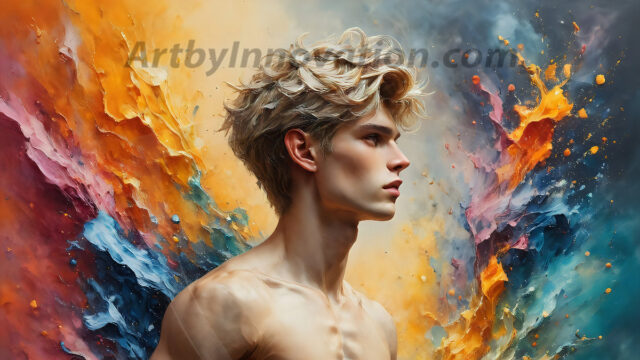 AI-generated abstract art images, featuring sexy, handsome, shirtless men, boys, lads, controlling colorful liquid water. A full-body photograph of a handsome young man with a strong muscular physique, and beautiful eyes. He starts to create a powerful and dynamic swirling vortex of rainbow colored liquid water. The vibrant and colorful water erupts and cascades forward. The fluid is dynamic, multiplying rapidly, and begins to dance in the air. The man, with a playful smile, interacts with the swirling fluids, his hands reaching out to manipulate the circular motion. The scene has a surreal, otherworldly feel, with a dreamlike atmosphere created by volumetric lighting, dramatic shadows, and an impossible color palette.