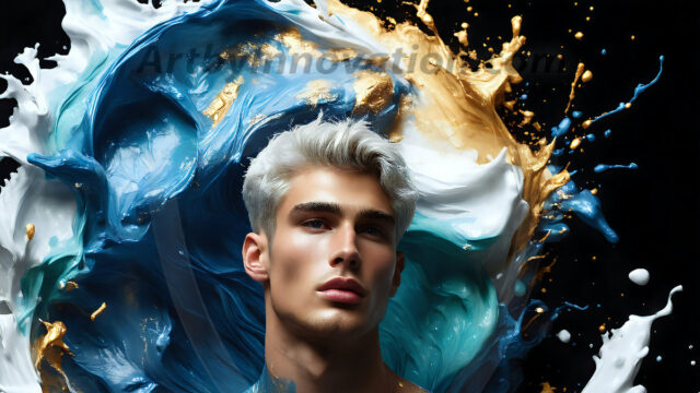 AI-generated abstract art images, featuring sexy, handsome, shirtless men, boys, lads, controlling colorful liquid water. A full-body photograph of a handsome young man with a strong muscular physique, and beautiful eyes. He starts to create a powerful and dynamic swirling vortex of rainbow colored liquid water. The vibrant and colorful water erupts and cascades forward. The fluid is dynamic, multiplying rapidly, and begins to dance in the air. The man, with a playful smile, interacts with the swirling fluids, his hands reaching out to manipulate the circular motion. The scene has a surreal, otherworldly feel, with a dreamlike atmosphere created by volumetric lighting, dramatic shadows, and an impossible color palette.