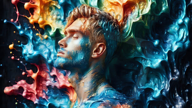 AI-generated abstract art images, featuring sexy, handsome, shirtless men, boys, lads, controlling colorful liquid water. A full-body photograph of a handsome young man with a strong muscular physique, and beautiful eyes. He starts to create a powerful and dynamic swirling vortex of rainbow colored liquid water. The vibrant and colorful water erupts and cascades forward. The fluid is dynamic, multiplying rapidly, and begins to dance in the air. The man, with a playful smile, interacts with the swirling fluids, his hands reaching out to manipulate the circular motion. The scene has a surreal, otherworldly feel, with a dreamlike atmosphere created by volumetric lighting, dramatic shadows, and an impossible color palette.