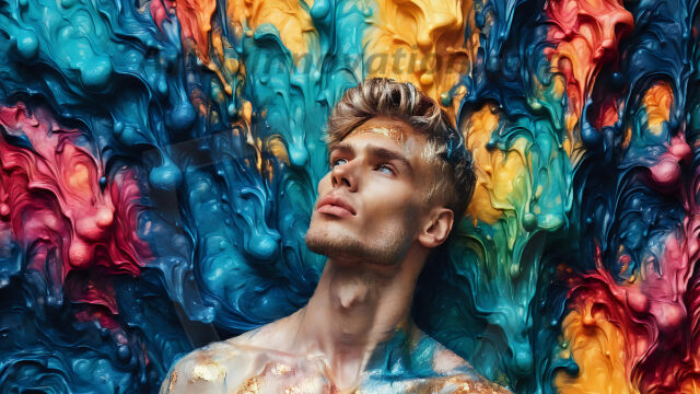 AI-generated abstract art images, featuring sexy, handsome, shirtless men, boys, lads, controlling colorful liquid water. A full-body photograph of a handsome young man with a strong muscular physique, and beautiful eyes. He starts to create a powerful and dynamic swirling vortex of rainbow colored liquid water. The vibrant and colorful water erupts and cascades forward. The fluid is dynamic, multiplying rapidly, and begins to dance in the air. The man, with a playful smile, interacts with the swirling fluids, his hands reaching out to manipulate the circular motion. The scene has a surreal, otherworldly feel, with a dreamlike atmosphere created by volumetric lighting, dramatic shadows, and an impossible color palette.