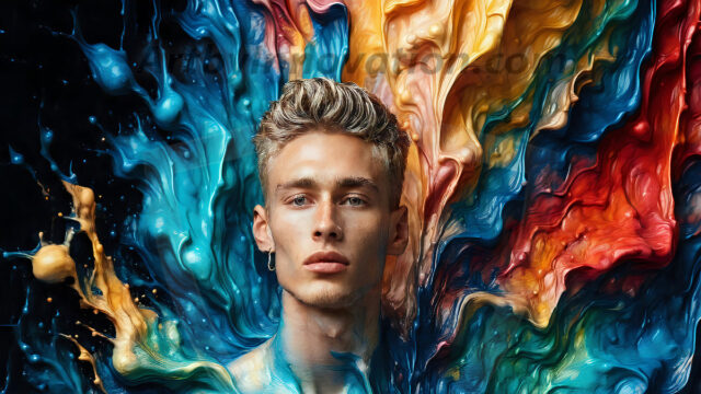 AI-generated abstract art images, featuring sexy, handsome, shirtless men, boys, lads, controlling colorful liquid water. A full-body photograph of a handsome young man with a strong muscular physique, and beautiful eyes. He starts to create a powerful and dynamic swirling vortex of rainbow colored liquid water. The vibrant and colorful water erupts and cascades forward. The fluid is dynamic, multiplying rapidly, and begins to dance in the air. The man, with a playful smile, interacts with the swirling fluids, his hands reaching out to manipulate the circular motion. The scene has a surreal, otherworldly feel, with a dreamlike atmosphere created by volumetric lighting, dramatic shadows, and an impossible color palette.