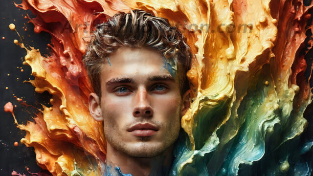 AI-generated abstract art images, featuring sexy, handsome, shirtless men, boys, lads, controlling colorful liquid water. A full-body photograph of a handsome young man with a strong muscular physique, and beautiful eyes. He starts to create a powerful and dynamic swirling vortex of rainbow colored liquid water. The vibrant and colorful water erupts and cascades forward. The fluid is dynamic, multiplying rapidly, and begins to dance in the air. The man, with a playful smile, interacts with the swirling fluids, his hands reaching out to manipulate the circular motion. The scene has a surreal, otherworldly feel, with a dreamlike atmosphere created by volumetric lighting, dramatic shadows, and an impossible color palette.