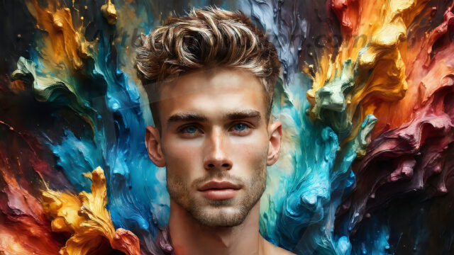 AI-generated abstract art images, featuring sexy, handsome, shirtless men, boys, lads, controlling colorful liquid water. A full-body photograph of a handsome young man with a strong muscular physique, and beautiful eyes. He starts to create a powerful and dynamic swirling vortex of rainbow colored liquid water. The vibrant and colorful water erupts and cascades forward. The fluid is dynamic, multiplying rapidly, and begins to dance in the air. The man, with a playful smile, interacts with the swirling fluids, his hands reaching out to manipulate the circular motion. The scene has a surreal, otherworldly feel, with a dreamlike atmosphere created by volumetric lighting, dramatic shadows, and an impossible color palette.