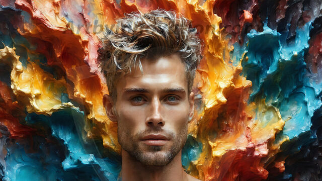 AI-generated abstract art images, featuring sexy, handsome, shirtless men, boys, lads, controlling colorful liquid water. A full-body photograph of a handsome young man with a strong muscular physique, and beautiful eyes. He starts to create a powerful and dynamic swirling vortex of rainbow colored liquid water. The vibrant and colorful water erupts and cascades forward. The fluid is dynamic, multiplying rapidly, and begins to dance in the air. The man, with a playful smile, interacts with the swirling fluids, his hands reaching out to manipulate the circular motion. The scene has a surreal, otherworldly feel, with a dreamlike atmosphere created by volumetric lighting, dramatic shadows, and an impossible color palette.