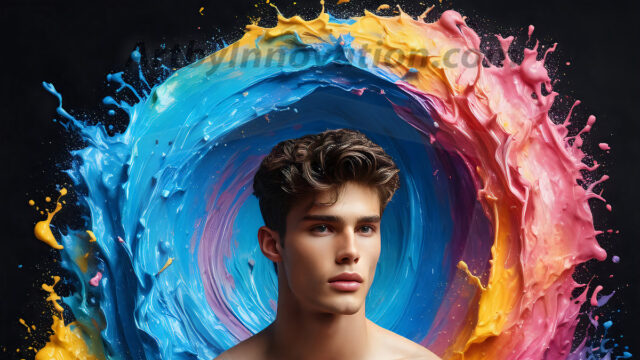 AI-generated abstract art images, featuring sexy, handsome, shirtless men, boys, lads, controlling colorful liquid water. A full-body photograph of a handsome young man with a strong muscular physique, and beautiful eyes. He starts to create a powerful and dynamic swirling vortex of rainbow colored liquid water. The vibrant and colorful water erupts and cascades forward. The fluid is dynamic, multiplying rapidly, and begins to dance in the air. The man, with a playful smile, interacts with the swirling fluids, his hands reaching out to manipulate the circular motion. The scene has a surreal, otherworldly feel, with a dreamlike atmosphere created by volumetric lighting, dramatic shadows, and an impossible color palette.