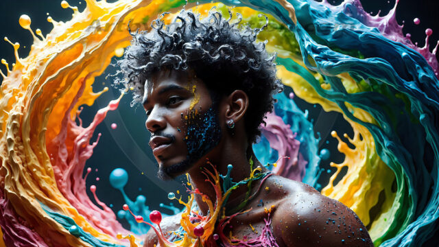 AI-generated abstract art images, featuring sexy, handsome, shirtless men, boys, lads, controlling colorful liquid water. A full-body photograph of a handsome young man with a strong muscular physique, and beautiful eyes. He starts to create a powerful and dynamic swirling vortex of rainbow colored liquid water. The vibrant and colorful water erupts and cascades forward. The fluid is dynamic, multiplying rapidly, and begins to dance in the air. The man, with a playful smile, interacts with the swirling fluids, his hands reaching out to manipulate the circular motion. The scene has a surreal, otherworldly feel, with a dreamlike atmosphere created by volumetric lighting, dramatic shadows, and an impossible color palette.