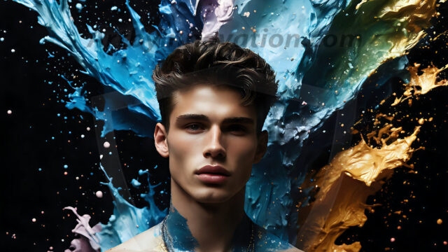 AI-generated abstract art images, featuring sexy, handsome, shirtless men, boys, lads, controlling colorful liquid water. A full-body photograph of a handsome young man with a strong muscular physique, and beautiful eyes. He starts to create a powerful and dynamic swirling vortex of rainbow colored liquid water. The vibrant and colorful water erupts and cascades forward. The fluid is dynamic, multiplying rapidly, and begins to dance in the air. The man, with a playful smile, interacts with the swirling fluids, his hands reaching out to manipulate the circular motion. The scene has a surreal, otherworldly feel, with a dreamlike atmosphere created by volumetric lighting, dramatic shadows, and an impossible color palette.