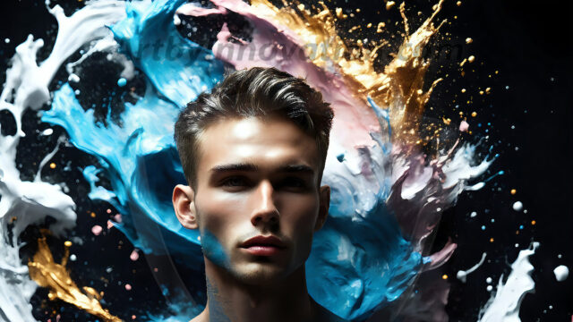 AI-generated abstract art images, featuring sexy, handsome, shirtless men, boys, lads, controlling colorful liquid water. A full-body photograph of a handsome young man with a strong muscular physique, and beautiful eyes. He starts to create a powerful and dynamic swirling vortex of rainbow colored liquid water. The vibrant and colorful water erupts and cascades forward. The fluid is dynamic, multiplying rapidly, and begins to dance in the air. The man, with a playful smile, interacts with the swirling fluids, his hands reaching out to manipulate the circular motion. The scene has a surreal, otherworldly feel, with a dreamlike atmosphere created by volumetric lighting, dramatic shadows, and an impossible color palette.