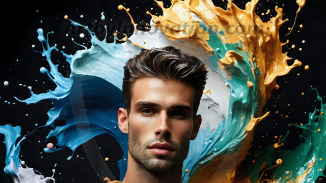 AI-generated abstract art images, featuring sexy, handsome, shirtless men, boys, lads, controlling colorful liquid water. A full-body photograph of a handsome young man with a strong muscular physique, and beautiful eyes. He starts to create a powerful and dynamic swirling vortex of rainbow colored liquid water. The vibrant and colorful water erupts and cascades forward. The fluid is dynamic, multiplying rapidly, and begins to dance in the air. The man, with a playful smile, interacts with the swirling fluids, his hands reaching out to manipulate the circular motion. The scene has a surreal, otherworldly feel, with a dreamlike atmosphere created by volumetric lighting, dramatic shadows, and an impossible color palette.