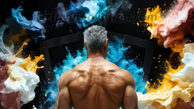 AI-generated abstract art images, featuring sexy, handsome, shirtless men, boys, lads, controlling colorful liquid water. A full-body photograph of a handsome young man with a strong muscular physique, and beautiful eyes. He starts to create a powerful and dynamic swirling vortex of rainbow colored liquid water. The vibrant and colorful water erupts and cascades forward. The fluid is dynamic, multiplying rapidly, and begins to dance in the air. The man, with a playful smile, interacts with the swirling fluids, his hands reaching out to manipulate the circular motion. The scene has a surreal, otherworldly feel, with a dreamlike atmosphere created by volumetric lighting, dramatic shadows, and an impossible color palette.