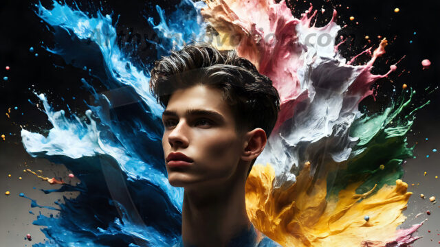 AI-generated abstract art images, featuring sexy, handsome, shirtless men, boys, lads, controlling colorful liquid water. A full-body photograph of a handsome young man with a strong muscular physique, and beautiful eyes. He starts to create a powerful and dynamic swirling vortex of rainbow colored liquid water. The vibrant and colorful water erupts and cascades forward. The fluid is dynamic, multiplying rapidly, and begins to dance in the air. The man, with a playful smile, interacts with the swirling fluids, his hands reaching out to manipulate the circular motion. The scene has a surreal, otherworldly feel, with a dreamlike atmosphere created by volumetric lighting, dramatic shadows, and an impossible color palette.