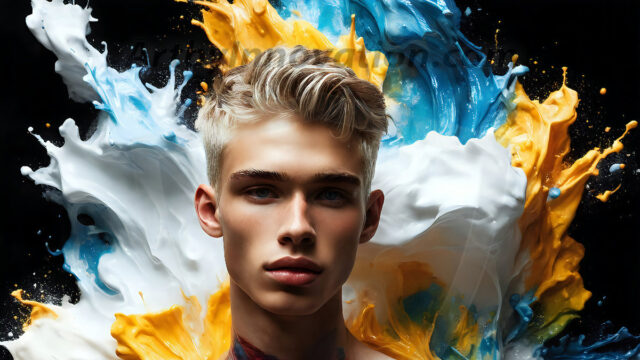 AI-generated abstract art images, featuring sexy, handsome, shirtless men, boys, lads, controlling colorful liquid water. A full-body photograph of a handsome young man with a strong muscular physique, and beautiful eyes. He starts to create a powerful and dynamic swirling vortex of rainbow colored liquid water. The vibrant and colorful water erupts and cascades forward. The fluid is dynamic, multiplying rapidly, and begins to dance in the air. The man, with a playful smile, interacts with the swirling fluids, his hands reaching out to manipulate the circular motion. The scene has a surreal, otherworldly feel, with a dreamlike atmosphere created by volumetric lighting, dramatic shadows, and an impossible color palette.