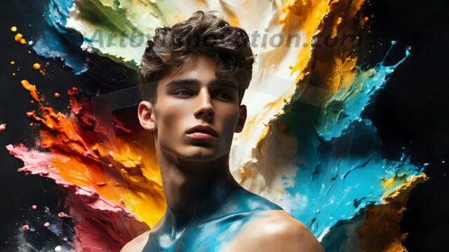 AI-generated abstract art images, featuring sexy, handsome, shirtless men, boys, lads, controlling colorful liquid water. A full-body photograph of a handsome young man with a strong muscular physique, and beautiful eyes. He starts to create a powerful and dynamic swirling vortex of rainbow colored liquid water. The vibrant and colorful water erupts and cascades forward. The fluid is dynamic, multiplying rapidly, and begins to dance in the air. The man, with a playful smile, interacts with the swirling fluids, his hands reaching out to manipulate the circular motion. The scene has a surreal, otherworldly feel, with a dreamlike atmosphere created by volumetric lighting, dramatic shadows, and an impossible color palette.