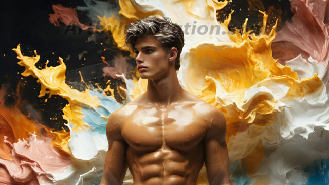 AI-generated abstract art images, featuring sexy, handsome, shirtless men, boys, lads, controlling colorful liquid water. A full-body photograph of a handsome young man with a strong muscular physique, and beautiful eyes. He starts to create a powerful and dynamic swirling vortex of rainbow colored liquid water. The vibrant and colorful water erupts and cascades forward. The fluid is dynamic, multiplying rapidly, and begins to dance in the air. The man, with a playful smile, interacts with the swirling fluids, his hands reaching out to manipulate the circular motion. The scene has a surreal, otherworldly feel, with a dreamlike atmosphere created by volumetric lighting, dramatic shadows, and an impossible color palette.